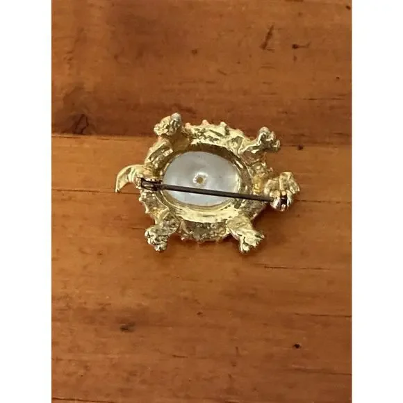 Vintage Faux Pearl Turtle Brooch Gold Tone Rhinestone Shell Green Crystal Eyes - Picture 6 of 8